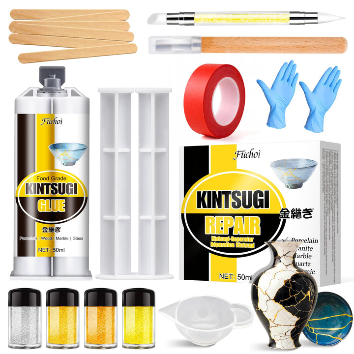 Kintsugi Reparaturset, Japanisches Kintsugi Kit mit 50ml Lebensmittelechter Keramikkleber, 4 Farben