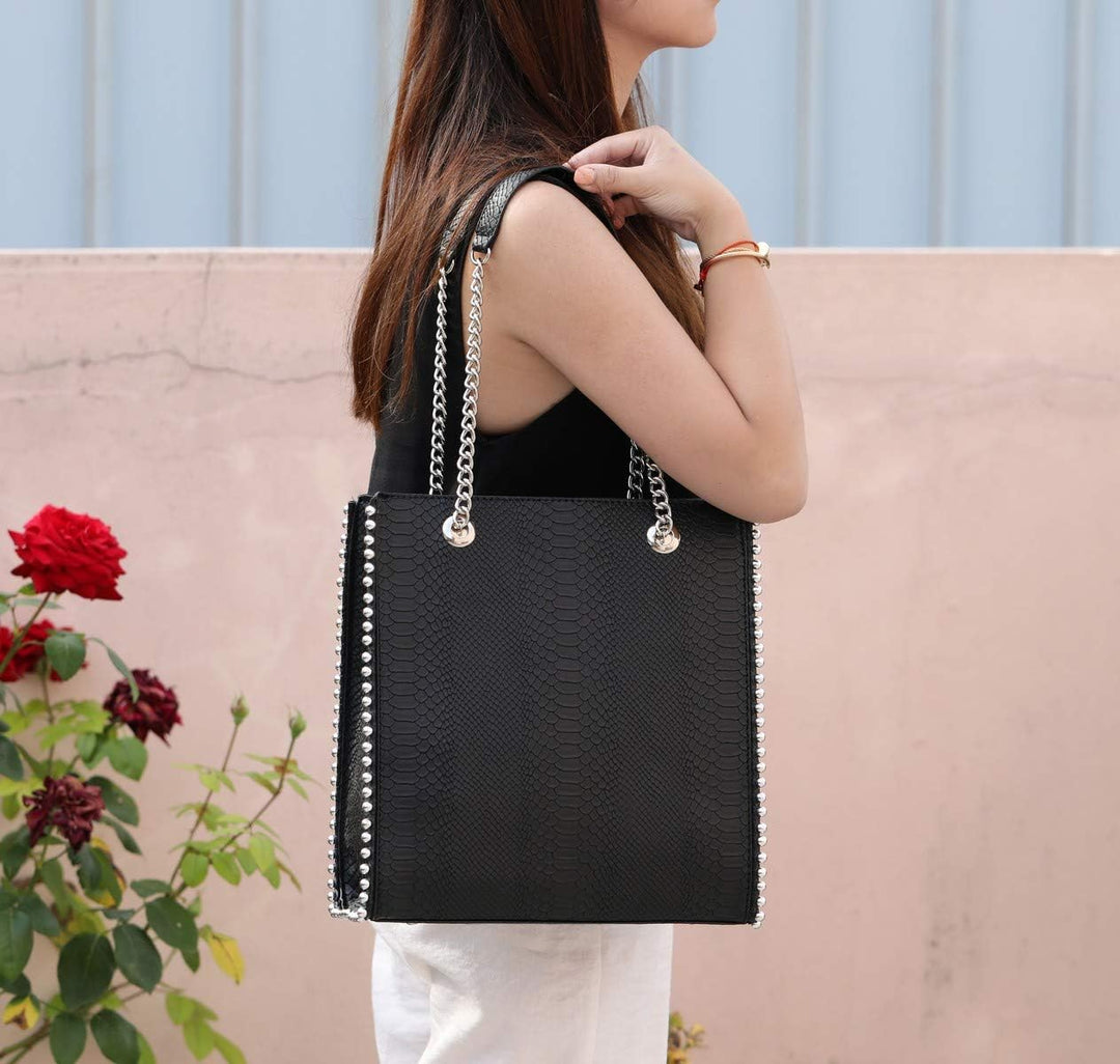 CRAZYCHIC - Damen Ketten Handtasche - Tote Shopper Nieten Perlen - Schlange PU Leder Schultertasche