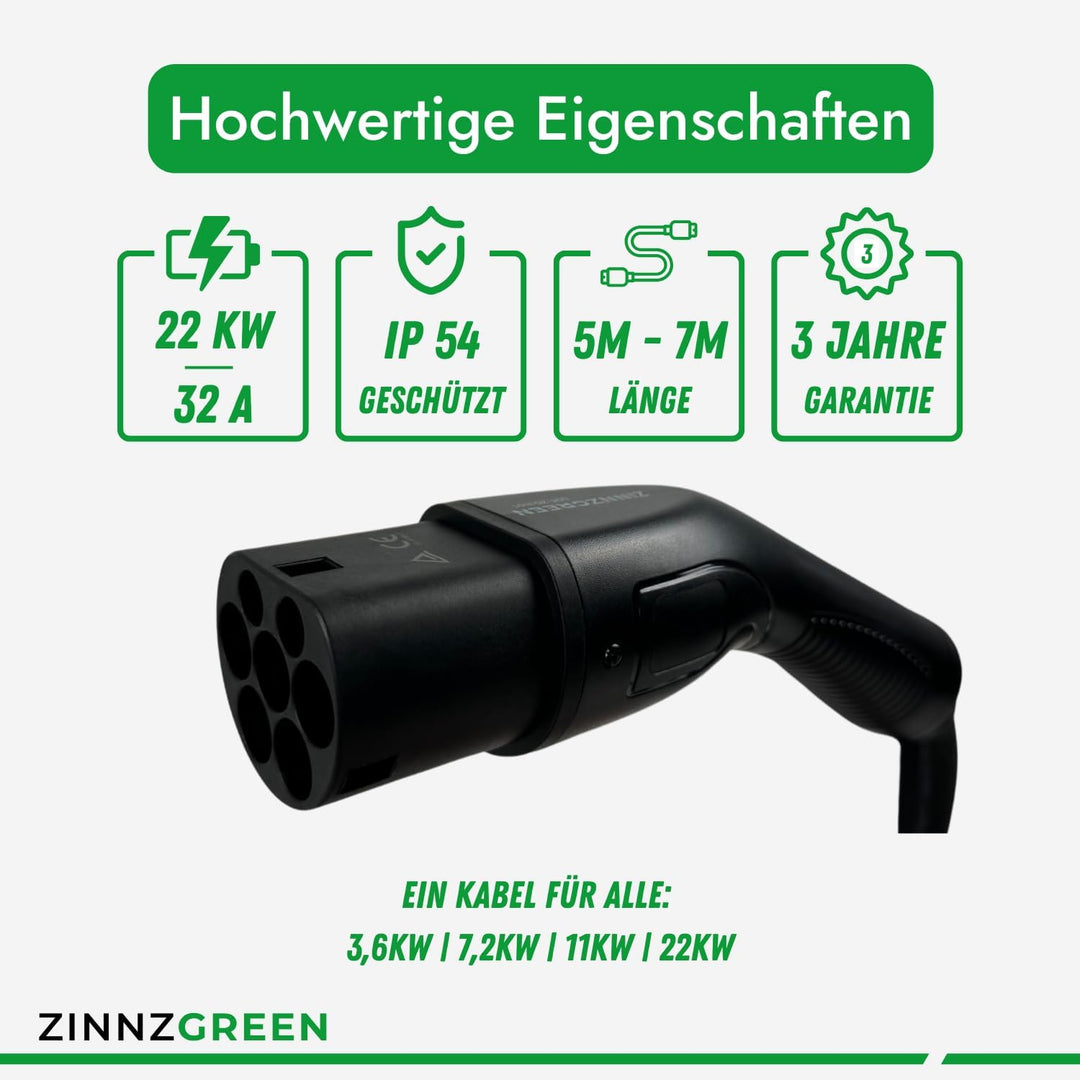 Typ2 Ladekabel 22kW & 32A für Elektroauto und Hybrid - 5m, Dreiphasen Ladekabel Typ2 auf Typ2 - IP54