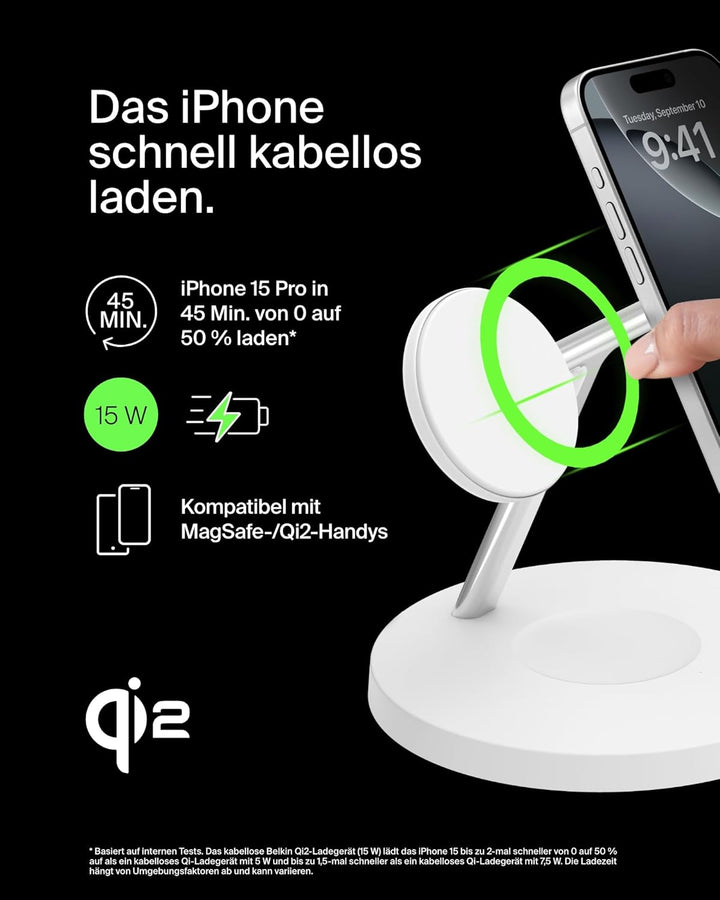 Belkin BoostCharge Pro 3-in-1 Qi2 Kabelloses Ladegerät, MagSafe-Kompatibles Ladegerät, Induktive Lad