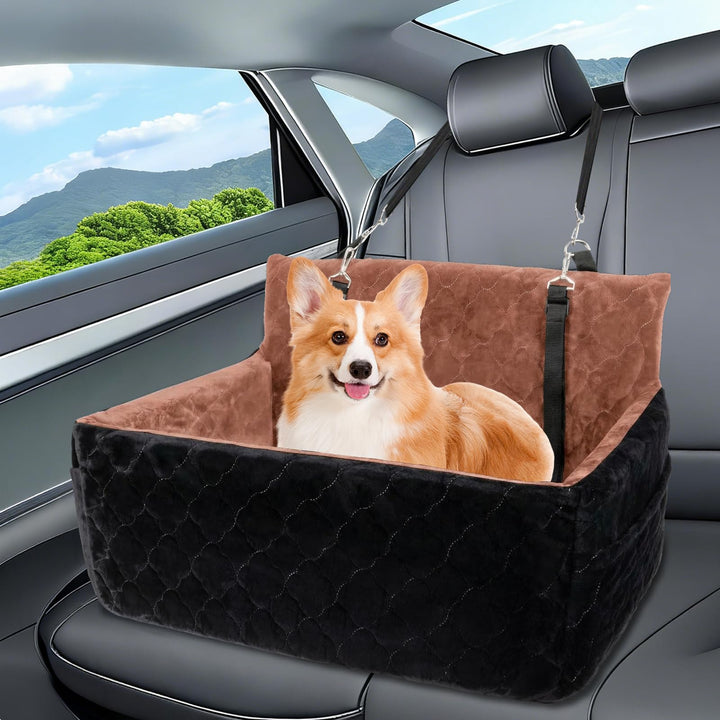 Hunde Autositz für mittlerer grosse Hunde,waschbarer Hundebett Auto für den Rücksitz, Braun+schwarz,