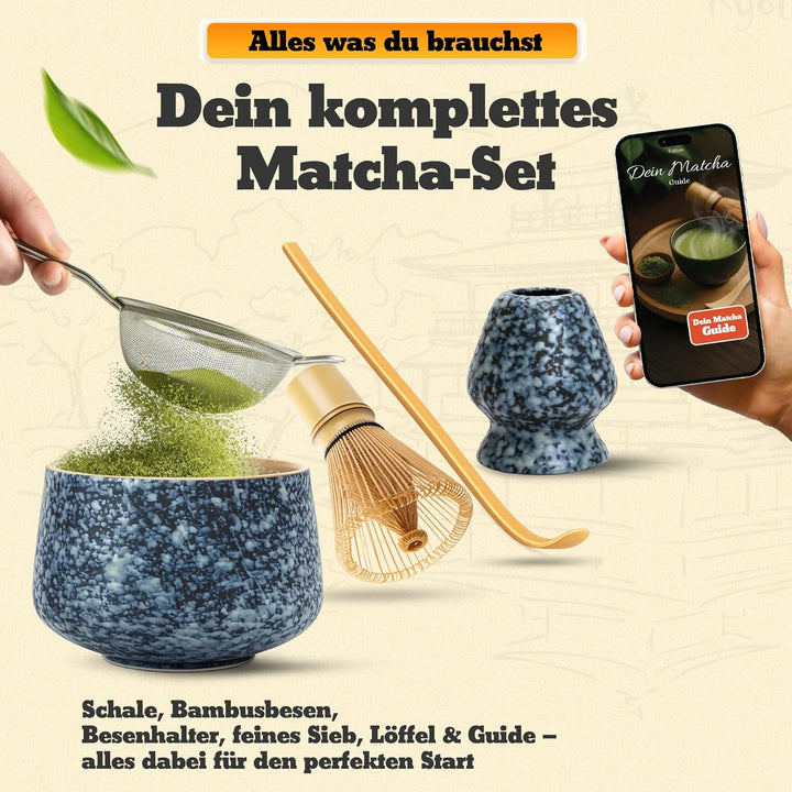 Premium Matcha Set aus Keramik - Traditionelles Matcha-Set mit Matcha Besen und Schale, Sieb und Bes