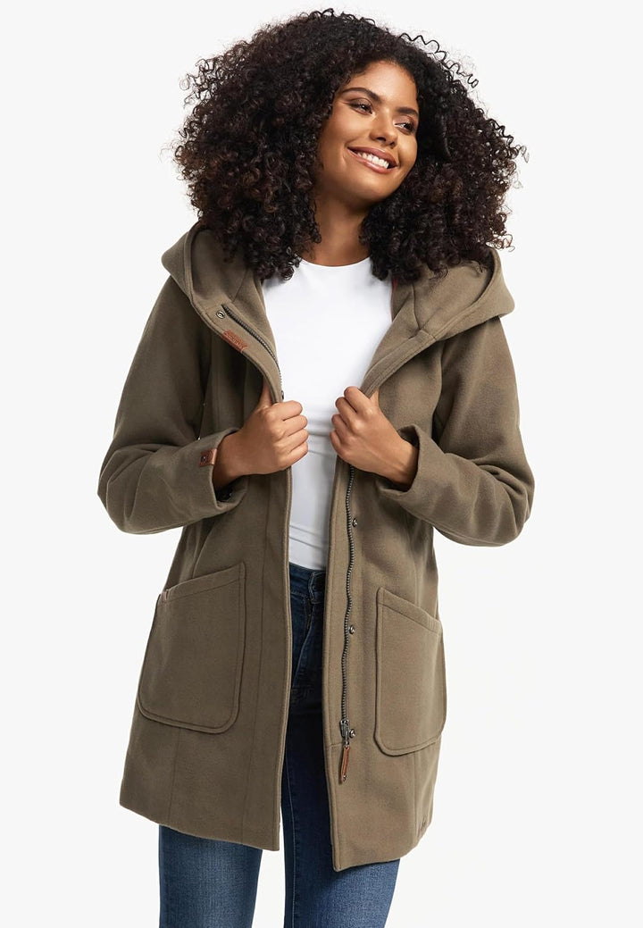 MARIKOO Damen Mantel in Wollmantel-Optik Warmer Trenchcoat mit Kapuze Maikoo XS-5XL XL Stone Brown,