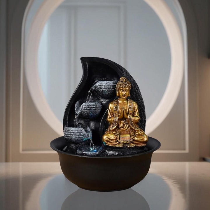Zen Light Praya Zimmerbrunnen mit Pumpe und LED-Beleuchtung, Kunstharz, Gold Single, Single