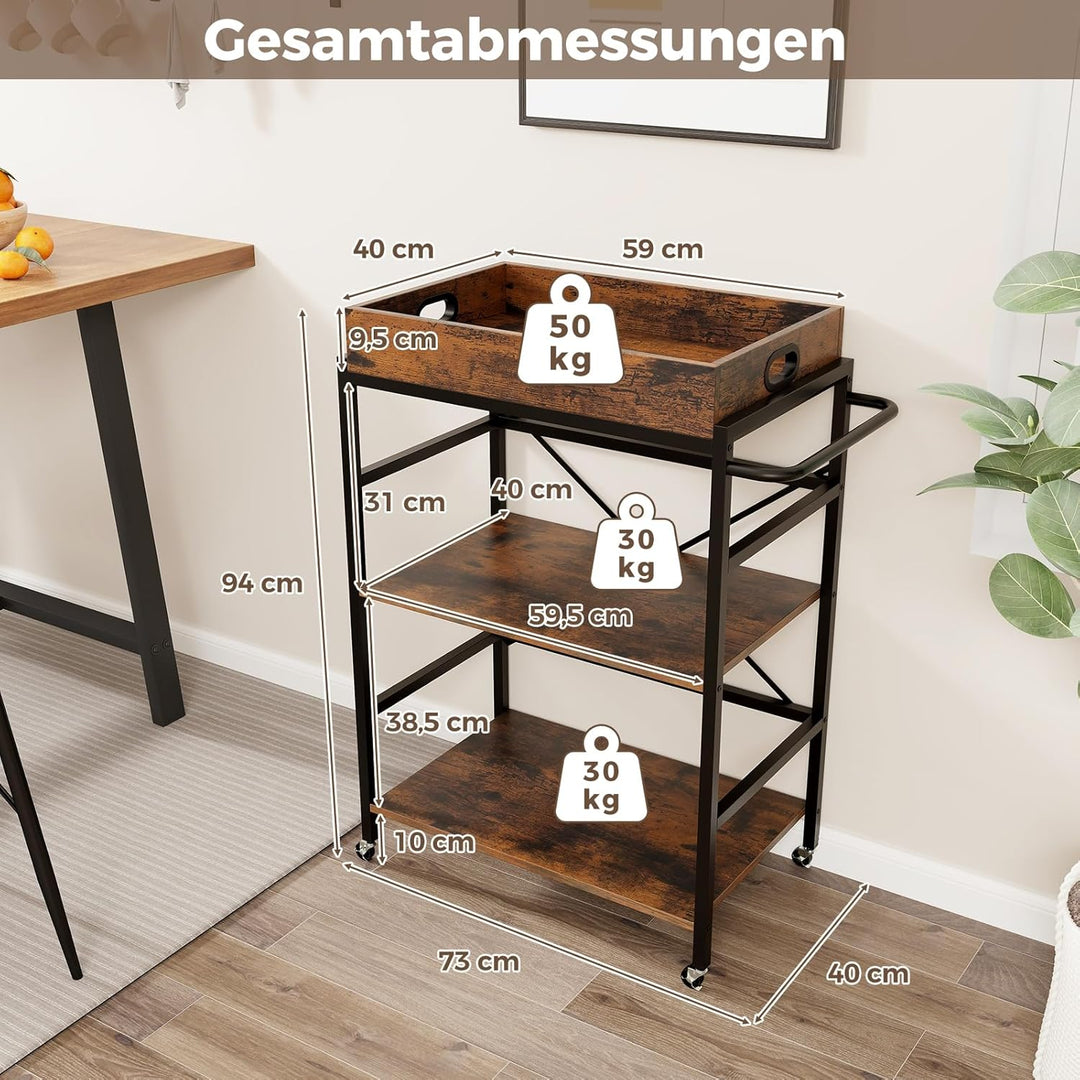 COSTWAY 3 stufiger Servierwagen, Küchenwagen mit abnehmbarem Tablett & Griff, bis 110 kg, 2 in 1 Küc