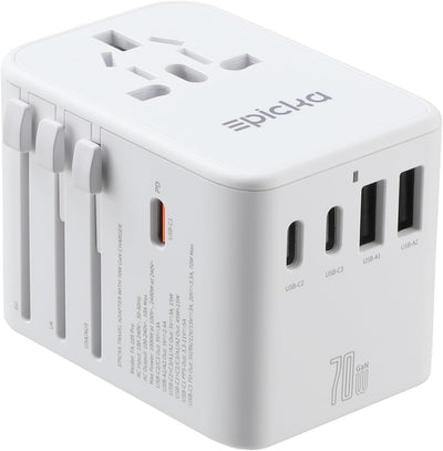 EPICKA Reiseadapter Weltweit, GaN Universal Reisestecker 70W PD Schnellladegerät, Travel Adapter mit