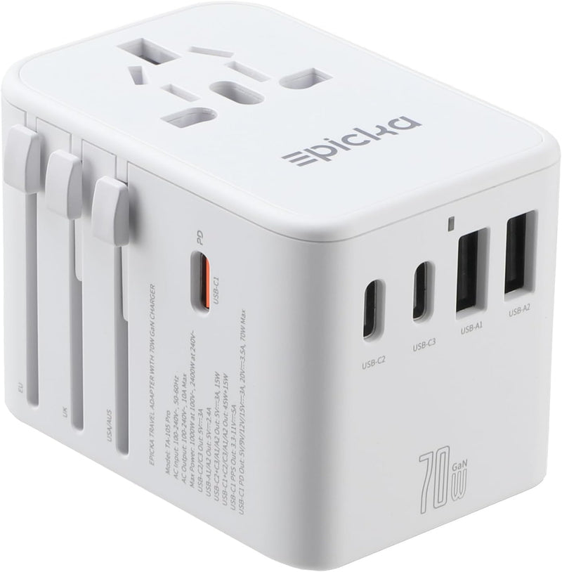 EPICKA Reiseadapter Weltweit, GaN Universal Reisestecker 70W PD Schnellladegerät, Travel Adapter mit