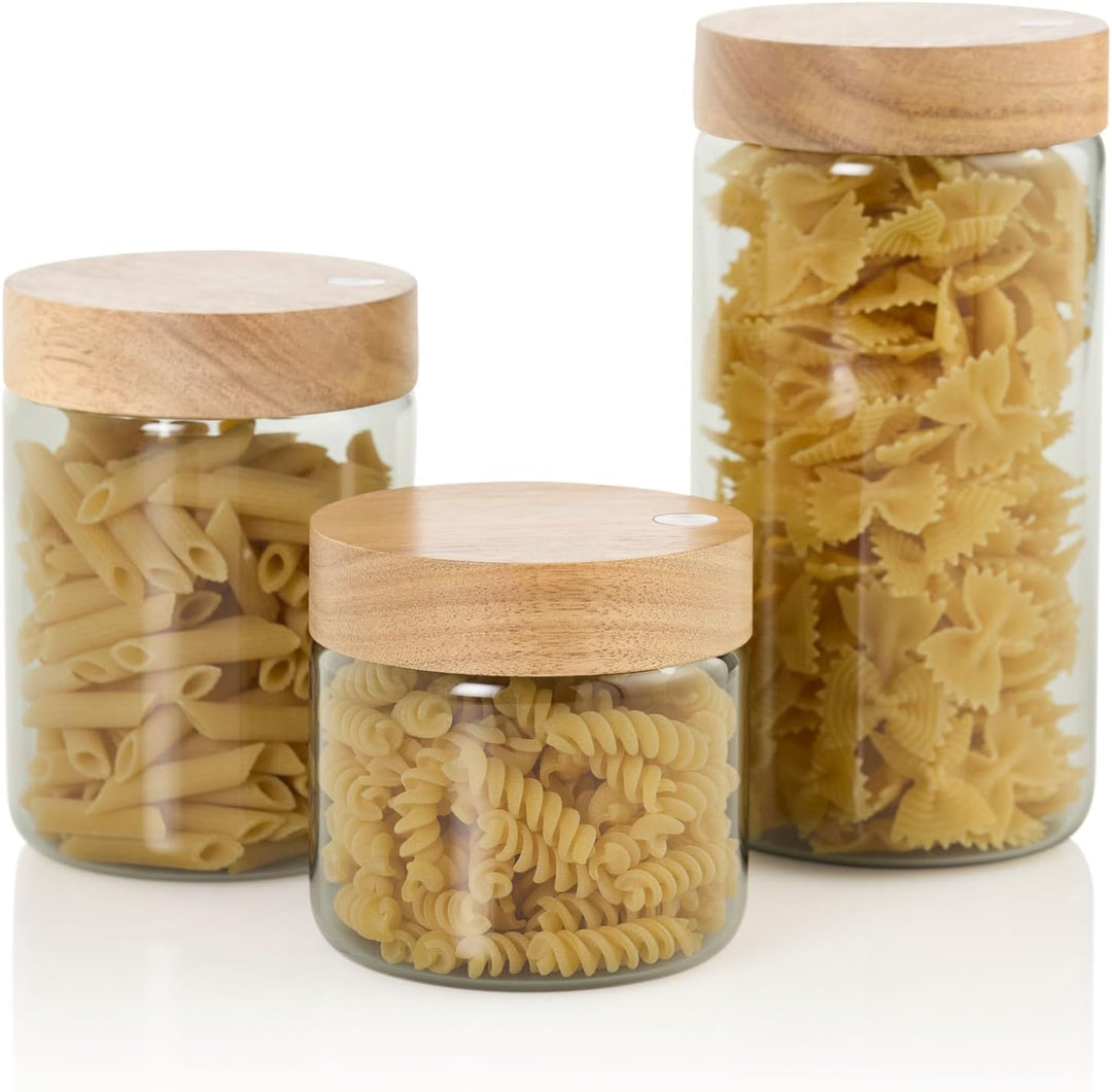 AdHoc PureJar Vorratsdose Glas mit Holzdeckel – Borosilikatglas, luftdichter SoftSeal Verschluss, Ak