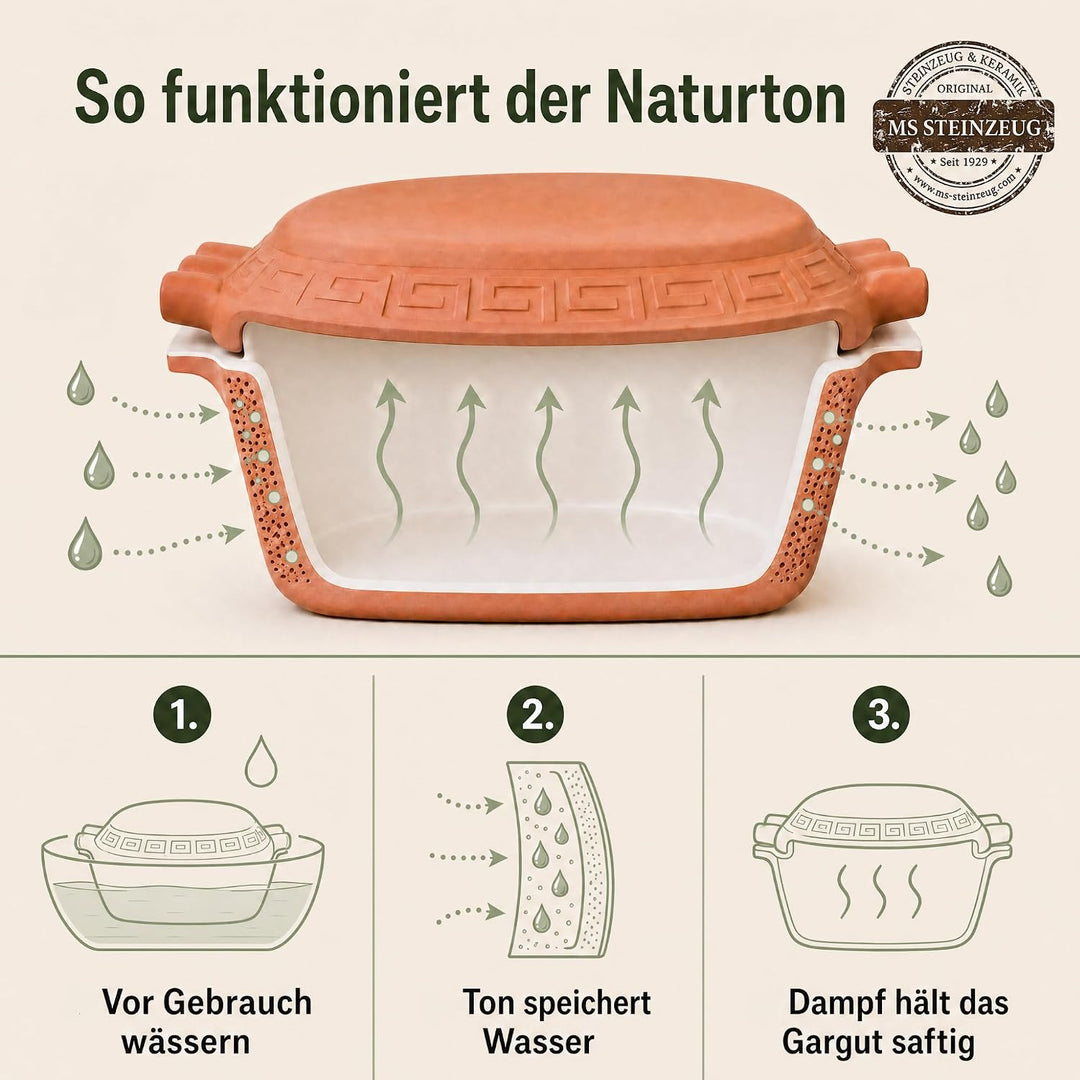 TerraStone Bräter oval mit Deckel, 42x27x17 cm, Terrakotta | Natürlicher Tonbräter für saftige Schmo