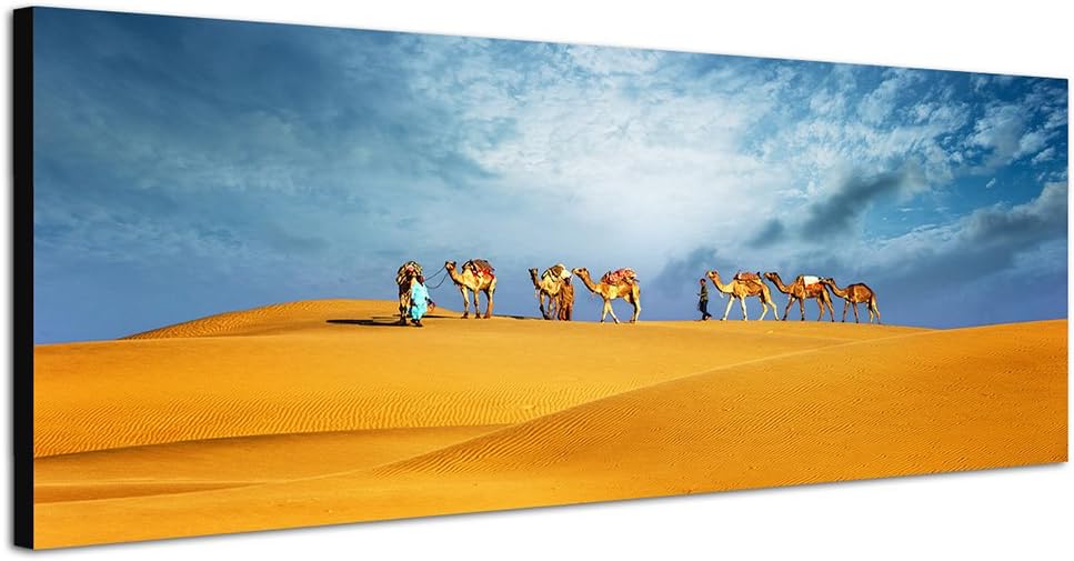 Paul Sinus Art Panoramabild auf Leinwand und Keilrahmen 150x50cm Dubai Wüste Sanddünen Kamele Safari