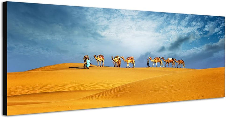 Paul Sinus Art Panoramabild auf Leinwand und Keilrahmen 150x50cm Dubai Wüste Sanddünen Kamele Safari
