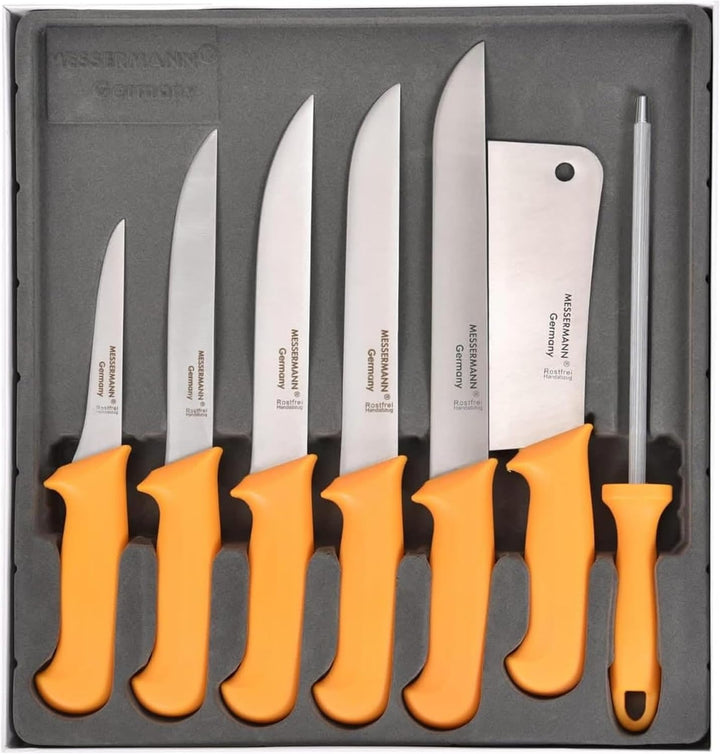 Messermann Germany Fleischmesser Set 7er Box Fleischermesser, Stechmesser, Ausbeinmesser Beil,