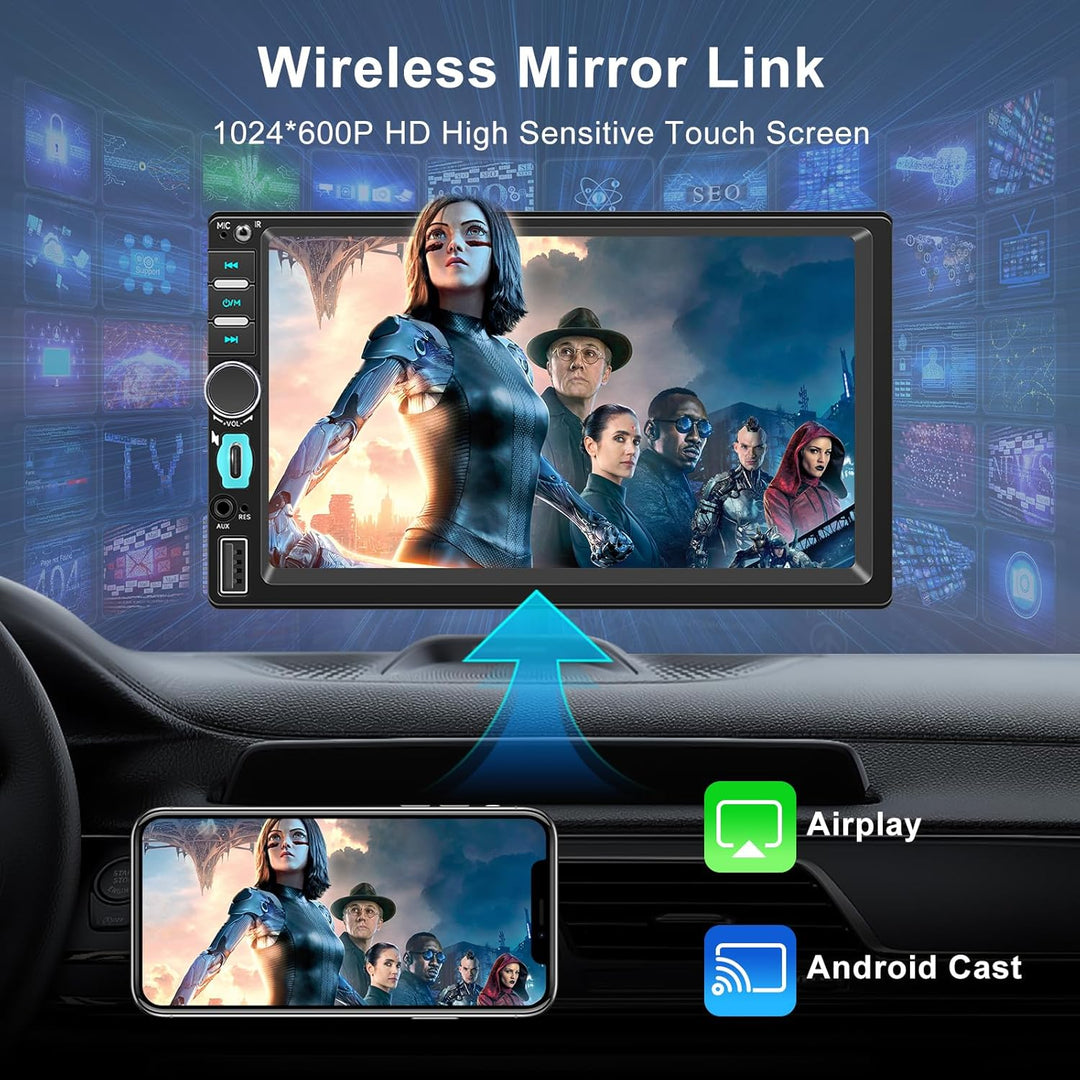 1 DIN Autoradio mit Wireless CarPlay & Android Auto,7-Zoll Touchscreen Auto Display,Mirror Link,GPS
