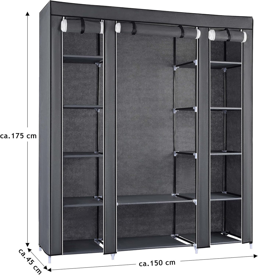 Ribelli Kleiderschrank Stoffschrank mit 12 Fächer und Kleiderstange, ca. 175 x 150 x 45 cm, Faltschr