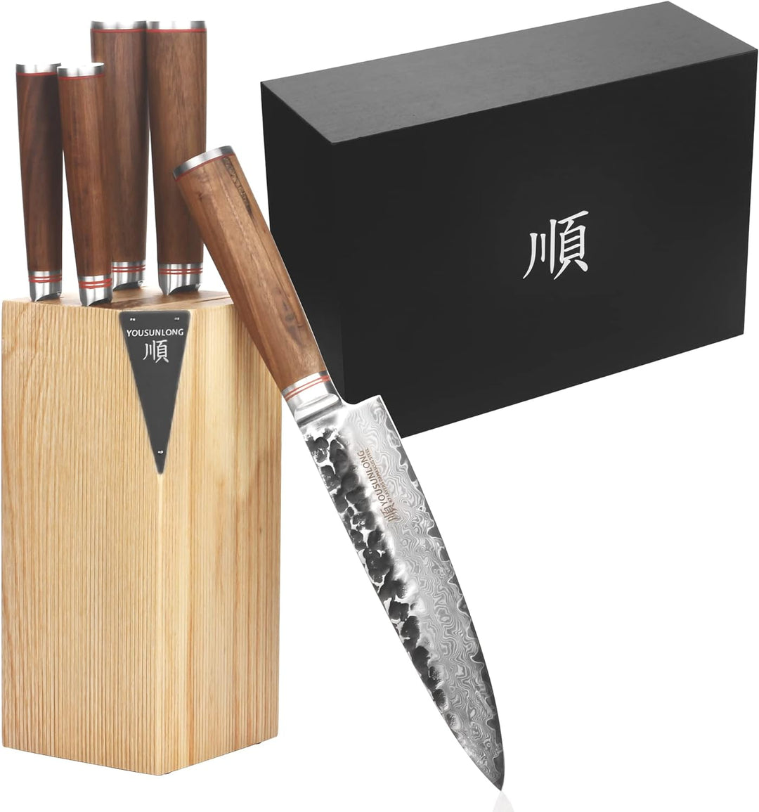 YOUSUNLONG Küchenmesser-Set - 5-teilig - mit amerikanischem Fraxinus-Holzhalter - japanische VG10-Da