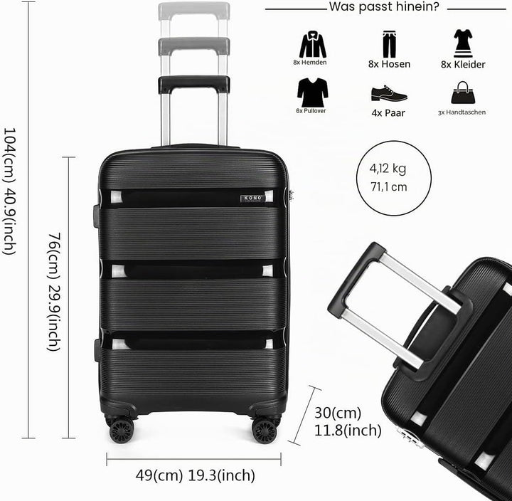 KONO Koffer Trolleys Reisekoffer mit TSA Schloss L (65cm Mittelgross Koffer) Schwarz, L (65cm Mittel