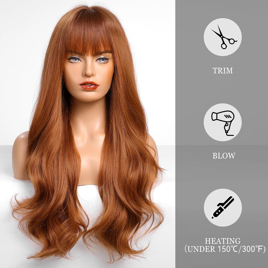 HAIRCUBE Auburn Perücke mit Bangs für Frauen Auburn Lange Wellen Haar Perücke Curly Wellen synthetis