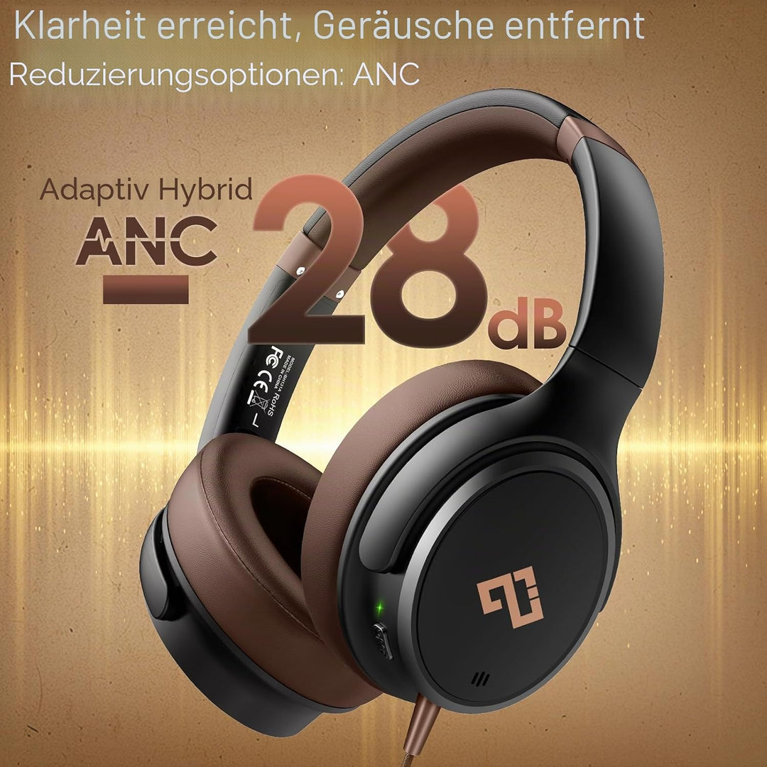 INFURTURE USB C Kopfhörer mit Kabel Noise Cancelling Kopfhoerer Over Ear | Braune Kopfhörer, 28 dB A