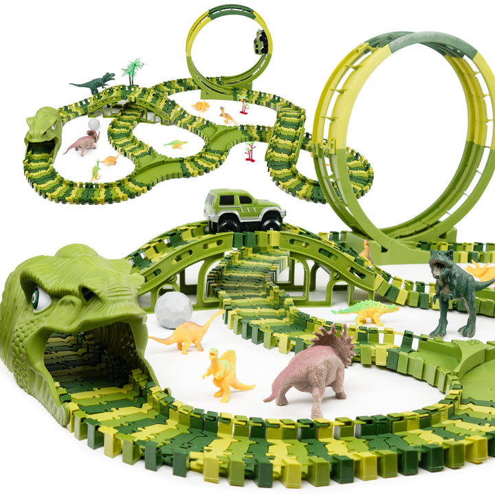 CELMAN Dinosaurier Spielzeug - Flexibles Rennbahn mit viele Teilen und Geländewagen, Autorennbahn Sp