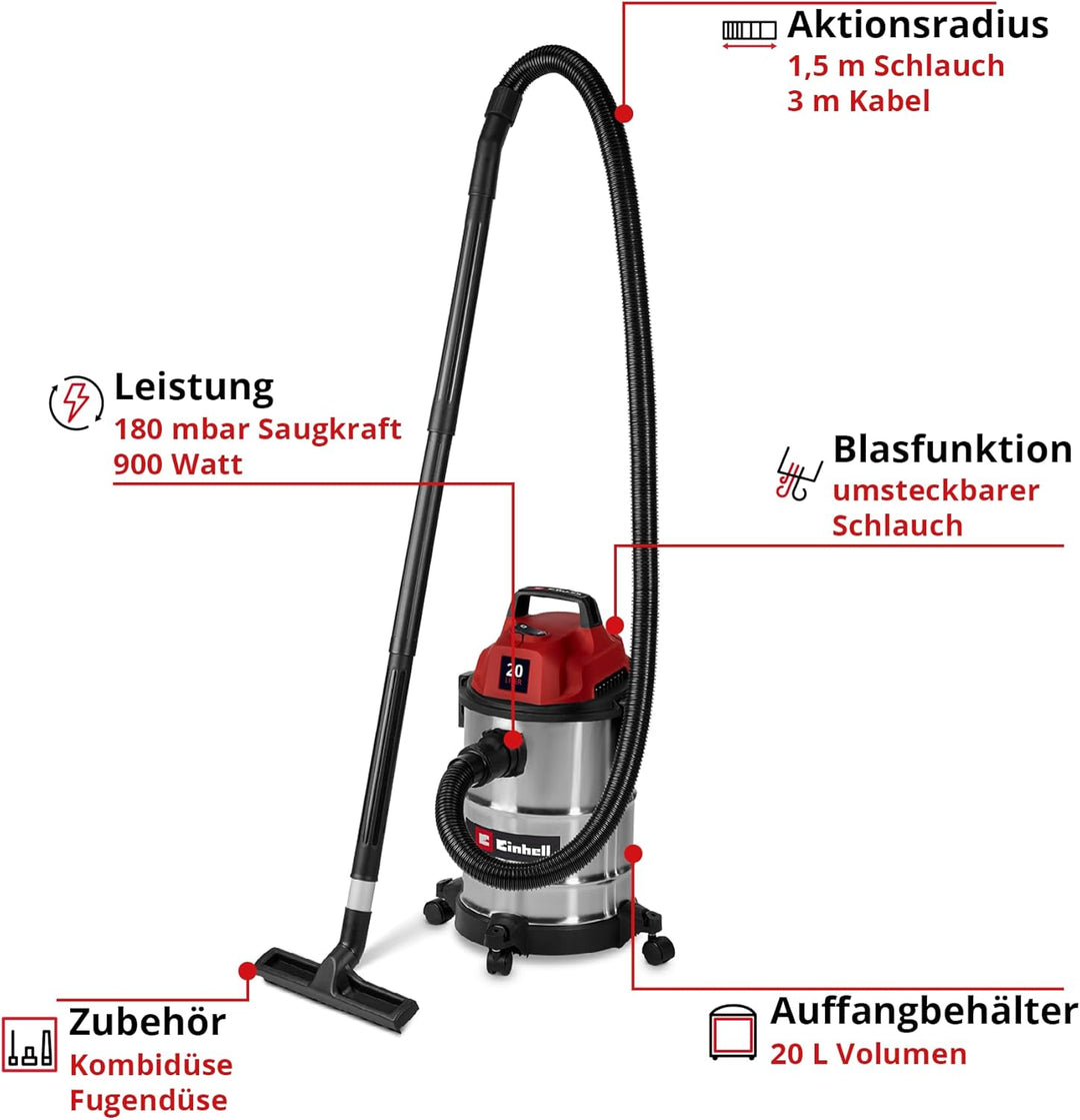 Einhell Nass-Trockensauger TC-VC 2045 S (900 W, 180 mbar Saugleistung, 20 L Edelstahlbehälter, Rolle