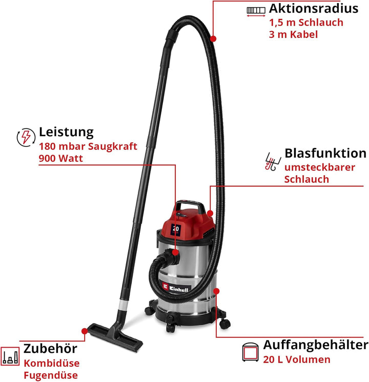 Einhell Nass-Trockensauger TC-VC 2045 S (900 W, 180 mbar Saugleistung, 20 L Edelstahlbehälter, Rolle