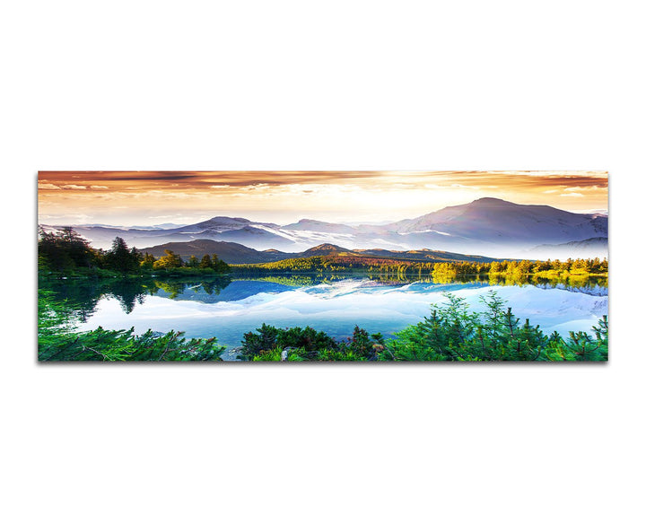 Paul Sinus Art Panoramabild auf Leinwand und Keilrahmen 120x40cm Bergsee Berge Wald Sonne Spiegelung