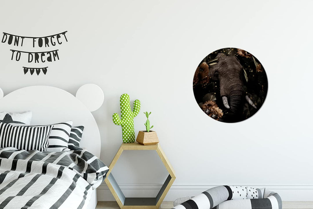 MuchoWow Wandbild Rund Wanddeko Deko Wohnzimmer Bilder 30x30 cm Elefant - Blumen - Licht - Botanisch
