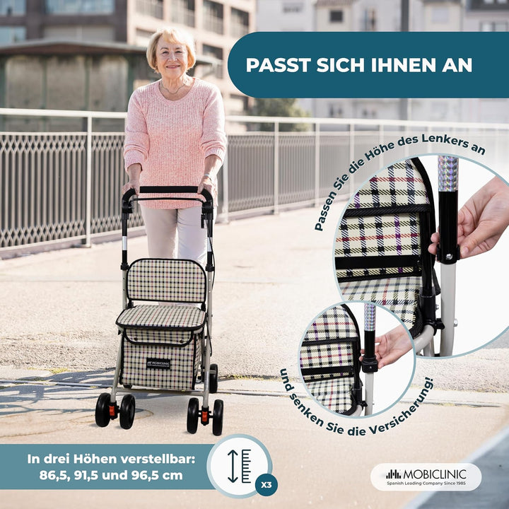 Mobiclinic®, Einkaufswagen mit Sitz, Faltbarer Rollator für Erwachsene, 21 L, Rückenlehne, 4 Räder,