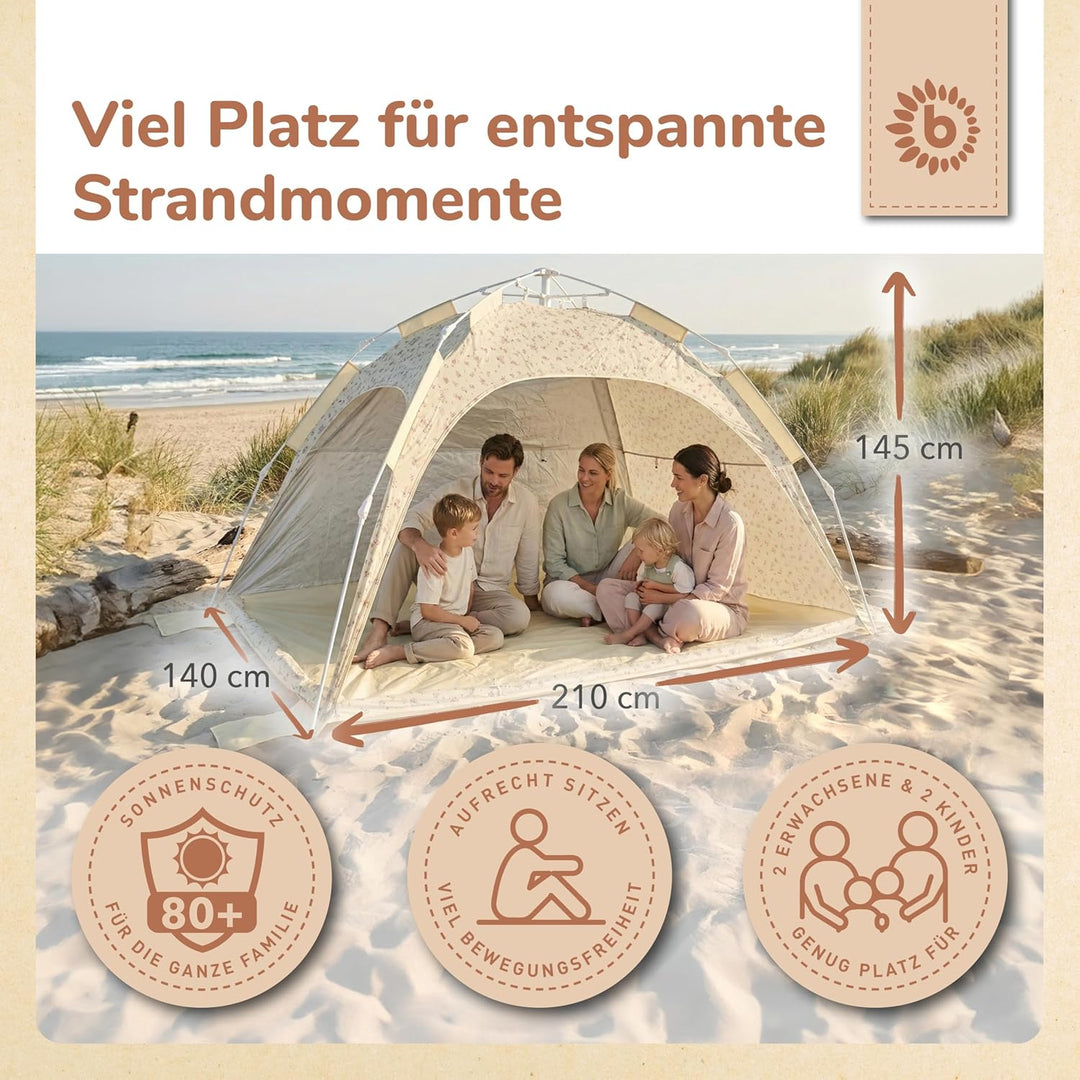 Bieco Strandmuschel Pop Up XXL – Quick-Up Strandzelt Schnellaufbau mit UV Schutz 80+ – Sonnenschutz