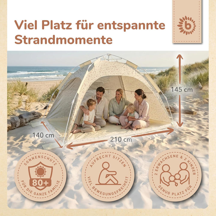 Bieco Strandmuschel Pop Up XXL – Quick-Up Strandzelt Schnellaufbau mit UV Schutz 80+ – Sonnenschutz