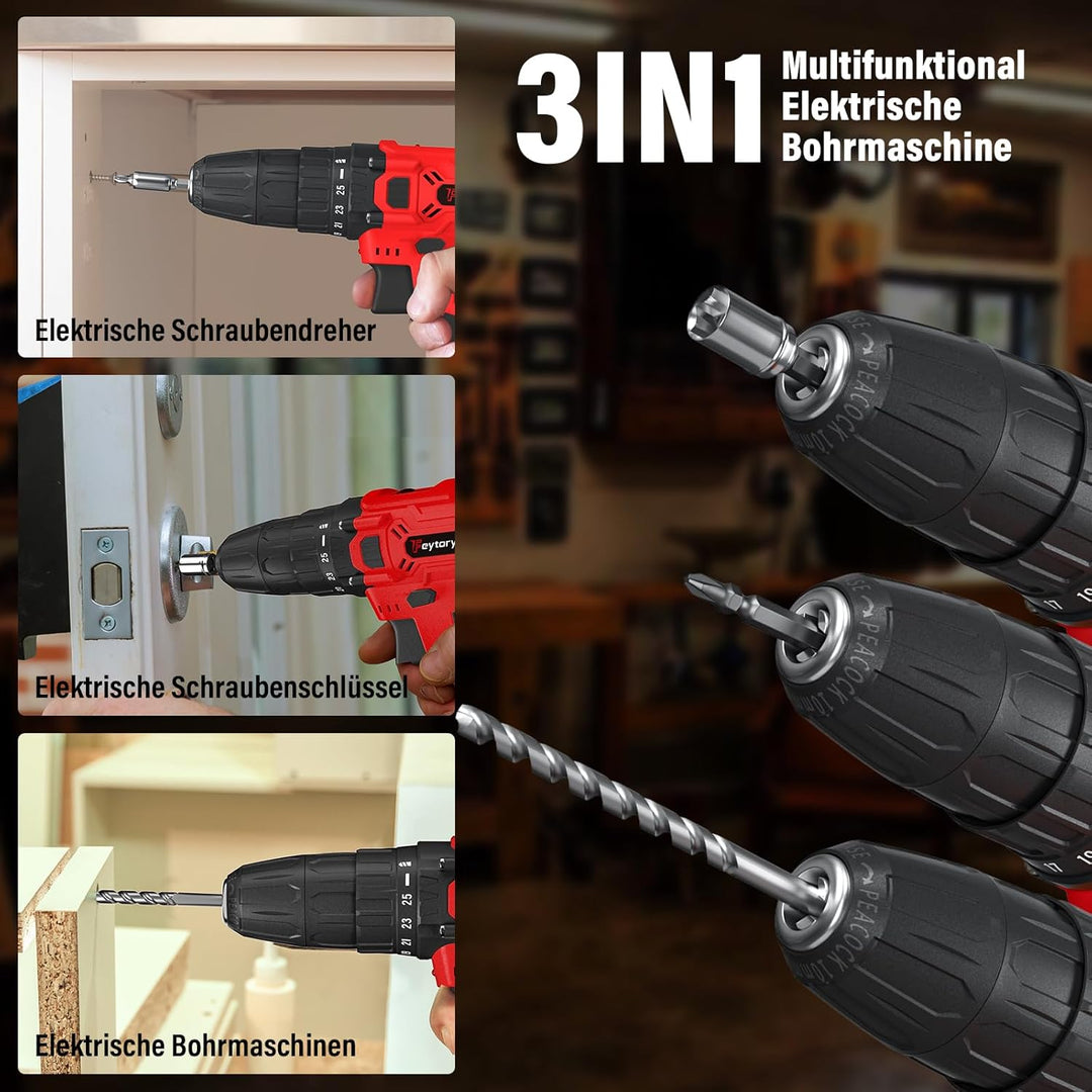 21V Akku Bohrschrauber Set，Akkuschrauber, mit 2 Akkus 1.5Ah,25+1 Drehmomentstufen, Akkubohrer 45Nm D