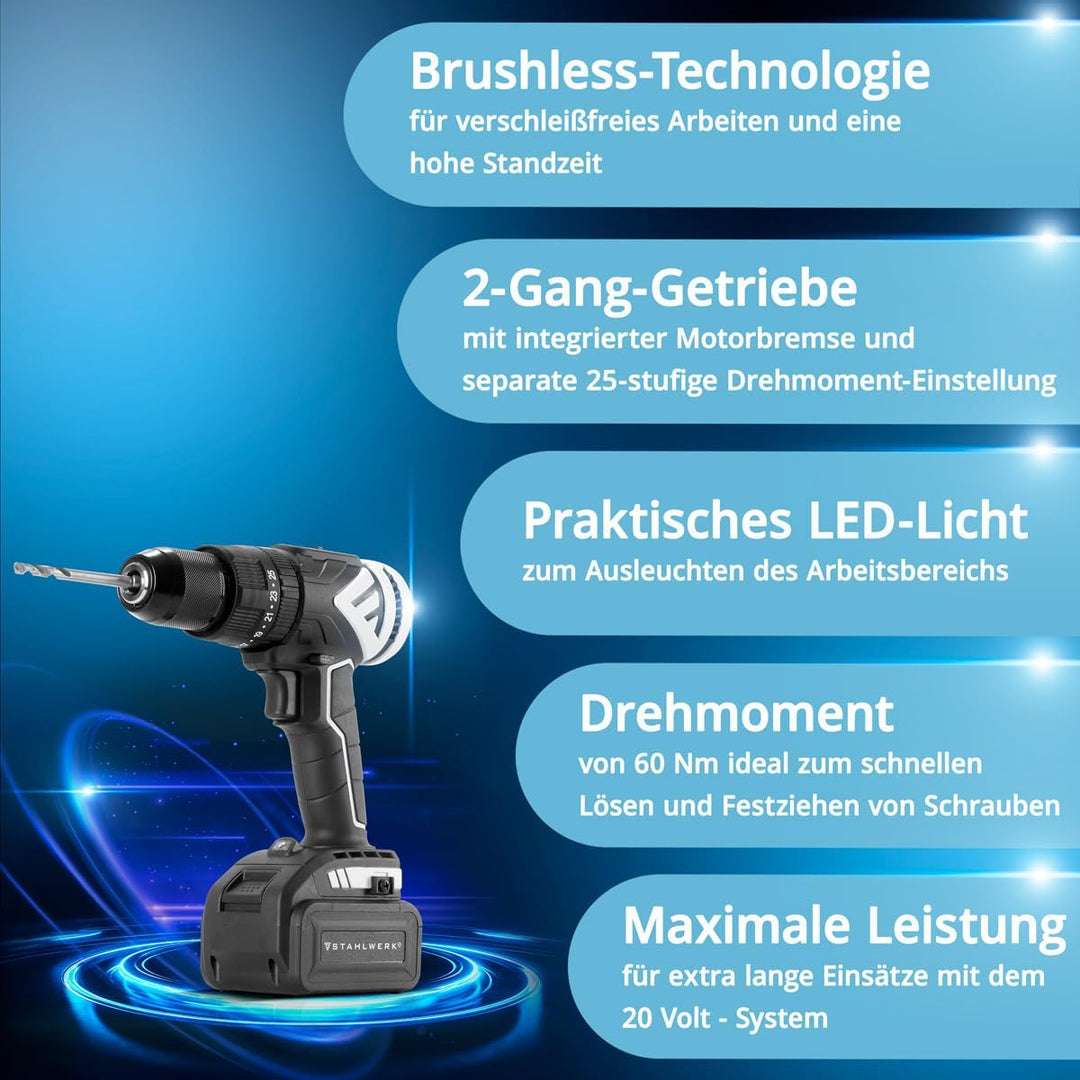 STAHLWERK Brushless Akku Bohrschrauber Akkuschrauber Schlagbohrer 20V 3 in1 verschleissfreier Motor
