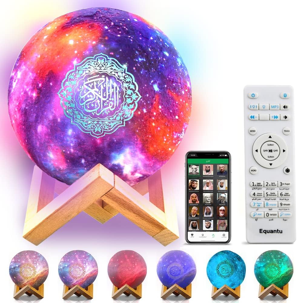 OBEST Quran Lautsprecher Koran, 3D Mondlampe, muslimischer Bluetooth-Player, mit 7 Farben, Touch-Far