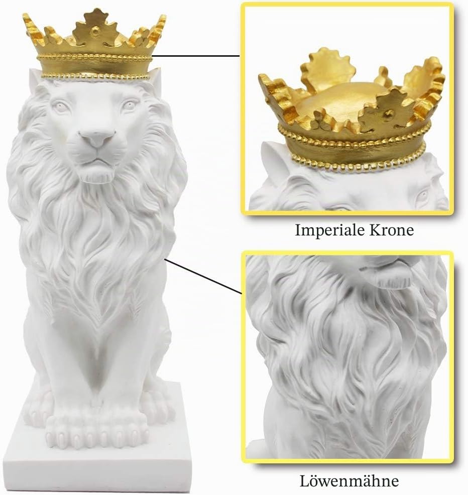 H&W Löwe Statue, Harz Skulpturen für Männer, Weisse Krone Lion Figuren, Kunst Statue Sammelfiguren f
