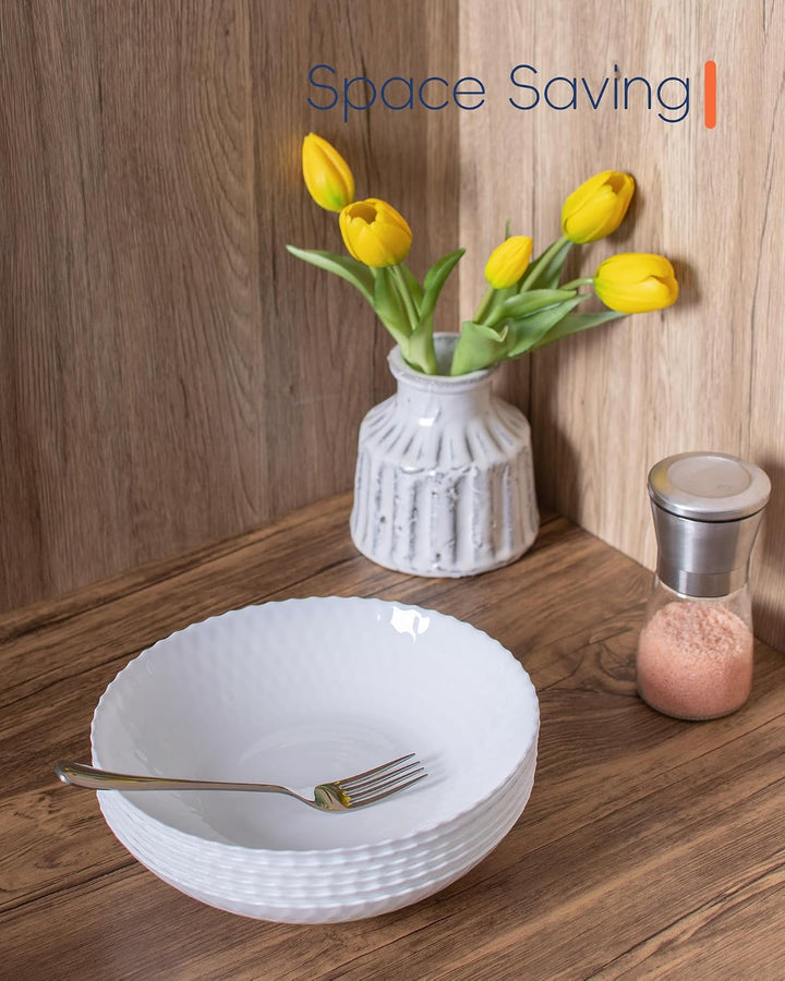 LaGlint 6er Set Opalglas-Pastaschalen, 887 ml, 21,5 cm, flache runde Schalen, weiss, mikrowellen- &amp;