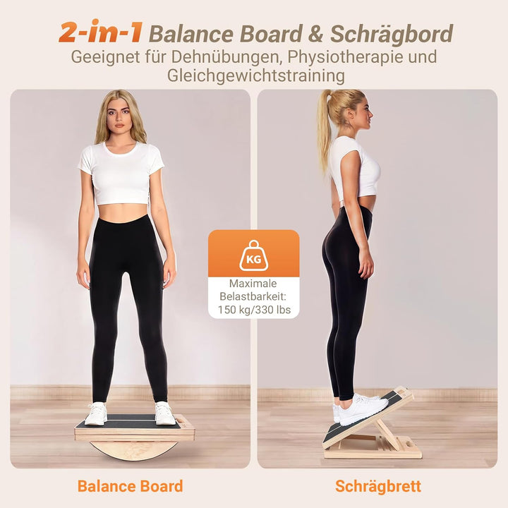 2 in 1 Balance Board &amp; Slant Board, Verstellbar Wadendehner Schrägbrett Holz mit 2 Widerstandsbänder
