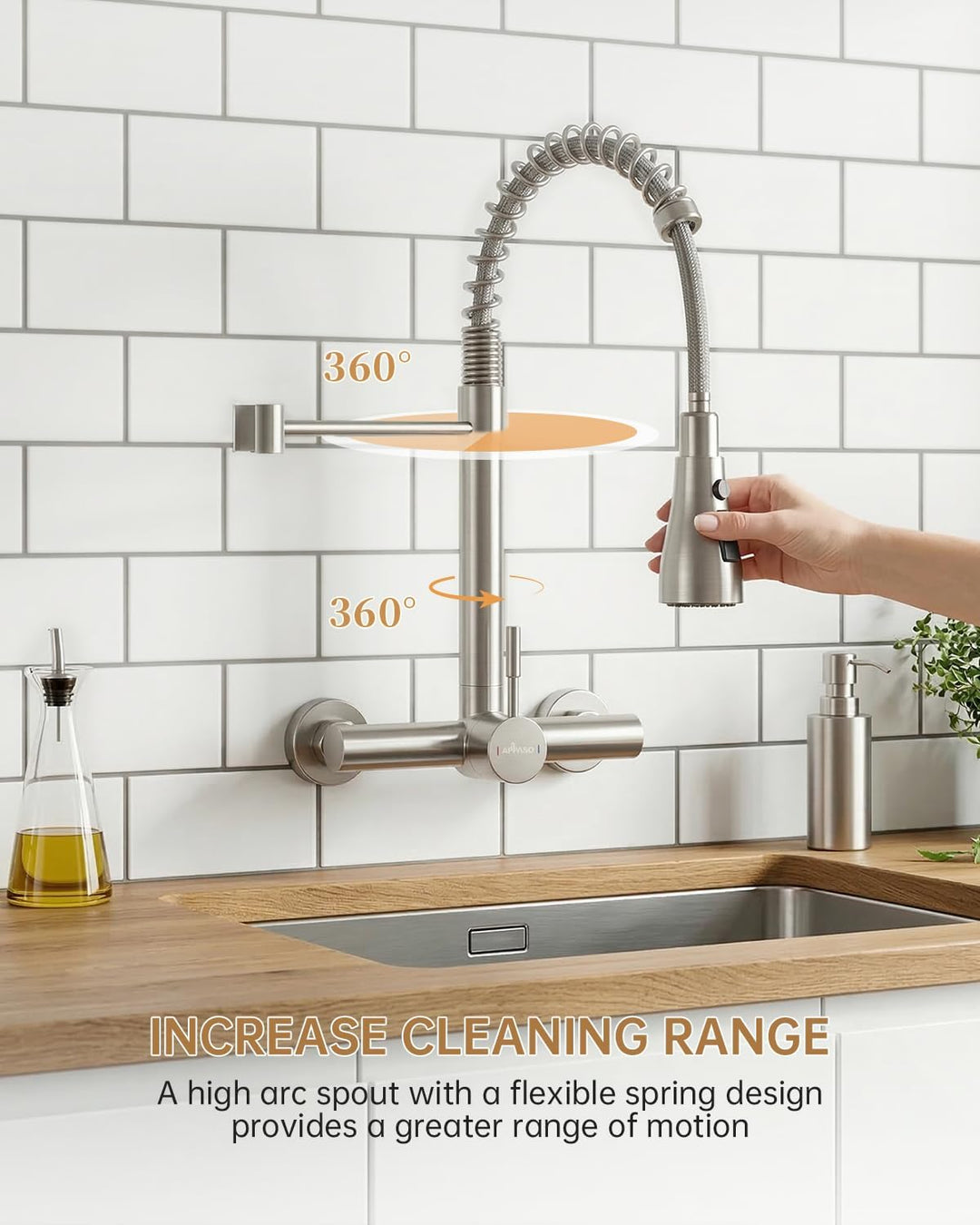 APPASO Wasserhahn Wandmontage (15cm Lochabstand) | Herunterziehbare Brause, Gebürstet Edelstahl arma