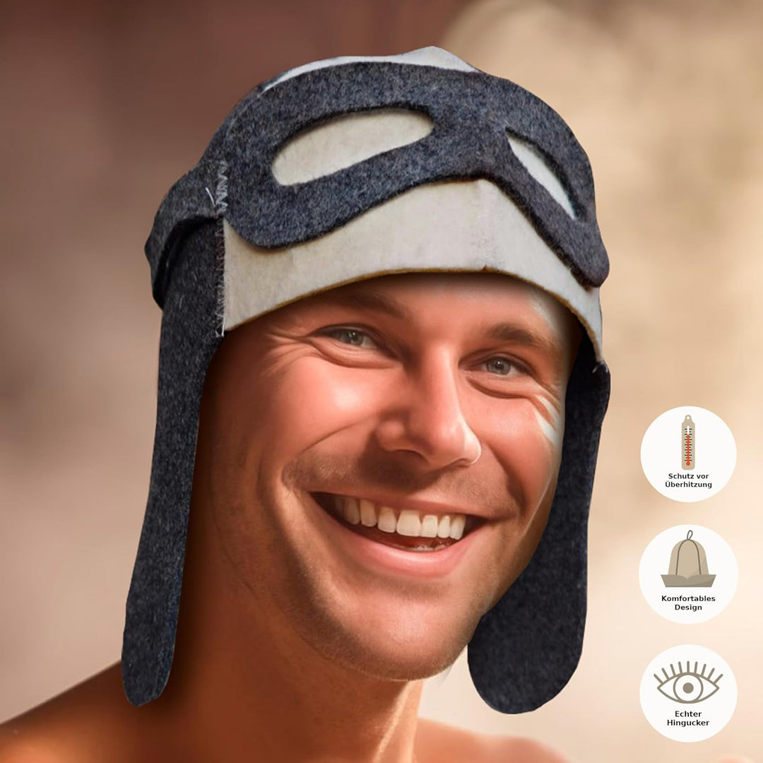 Saunahut Herren Bestickt Pilot-Flieger Perfekte Saunamütze aus 100% Filz - Sauna Hut Filzhut Sauna M
