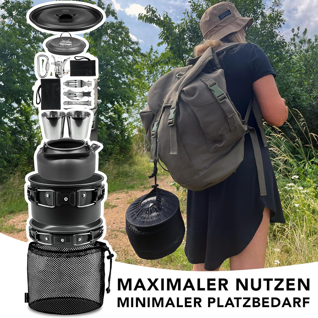 Black Snake® Camping Geschirr 'Black Forest' Kochgeschirr Kombination mit Edelstahl Becher Set und B