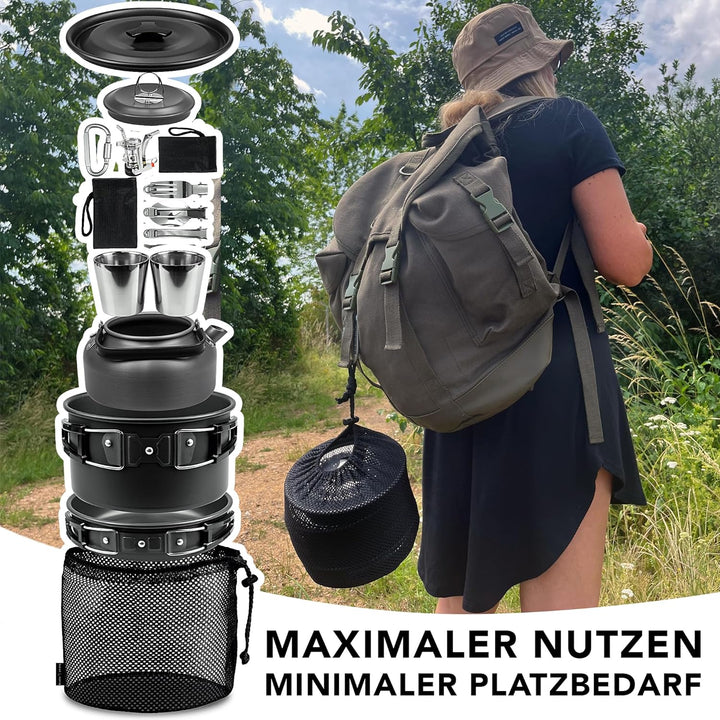 Black Snake® Camping Geschirr 'Black Forest' Kochgeschirr Kombination mit Edelstahl Becher Set und B