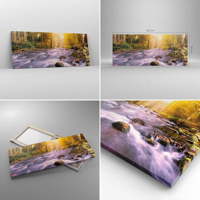 Wandbilder Dekoration Wohnzimmer Herbst Wald Berg Fluss Panorama Bilder auf Leinwand 120x50cm Leinwa