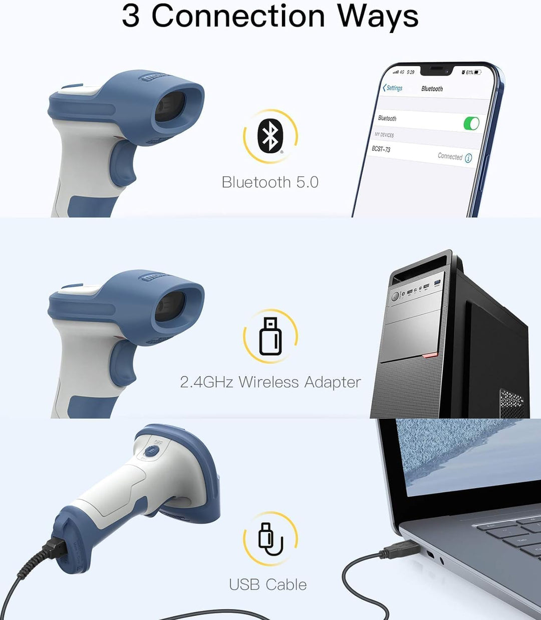Inateck Wireless Barcode Scanner 2D, Bluetooth 5.0, 2.4Ghz Barcode Reader, QR Code Scanner, liest vo