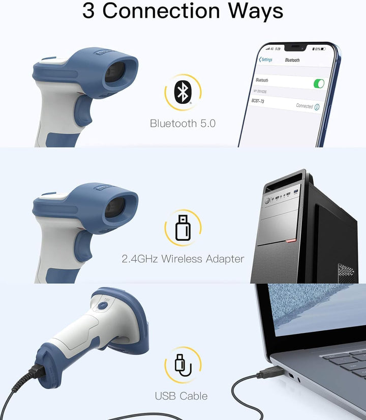 Inateck Wireless Barcode Scanner 2D, Bluetooth 5.0, 2.4Ghz Barcode Reader, QR Code Scanner, liest vo