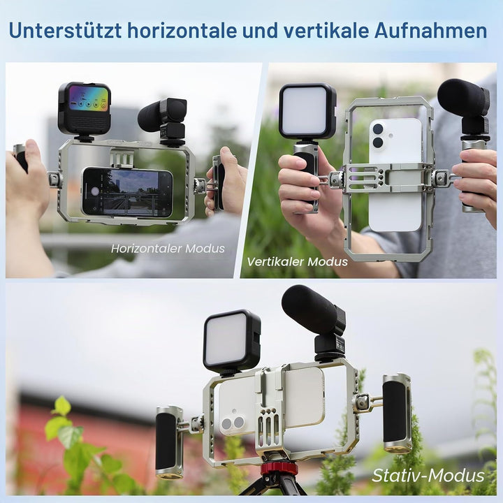 Leftfoto Universeller Aluminium-Stabilisator-Käfig, Smartphone-Video-Rig mit zwei Griffen für iPhone