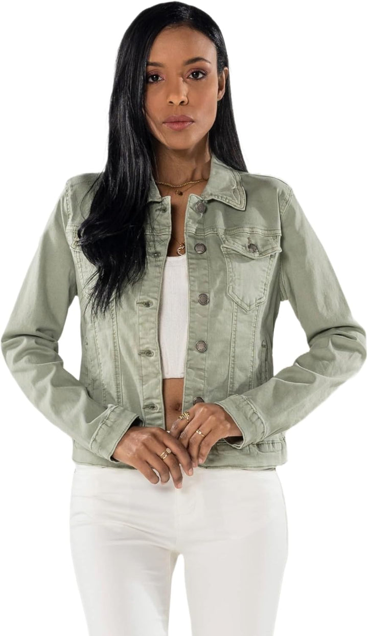 Nina Carter J212 Damen Slim-Fit Jeansjacke – Farbige Übergangsjacke mit Kent-Kragen und Taschen – Fr