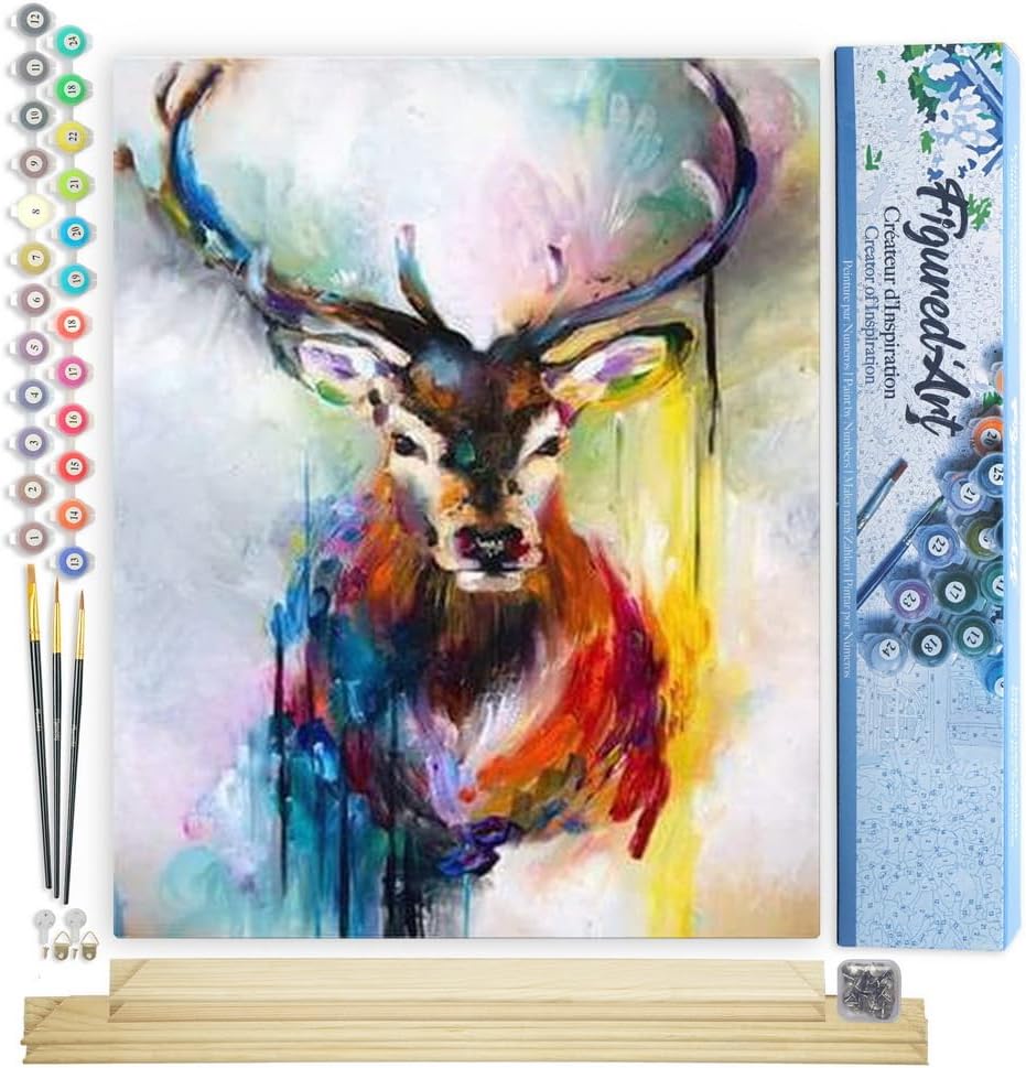 Figured'Art Malen Nach Zahlen Erwachsene Mit Rahmen Portrait bunter Hirsch - Paint by Numbers Bastel
