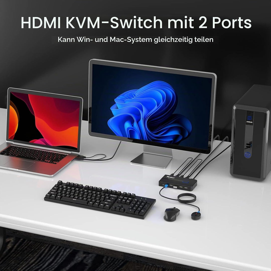 4K 60Hz HDMI KVM Switch 2 Port, Yinker HDMI KVM Switch 2 PC unterstützt 2 Computer 1 Monitor Keyboar