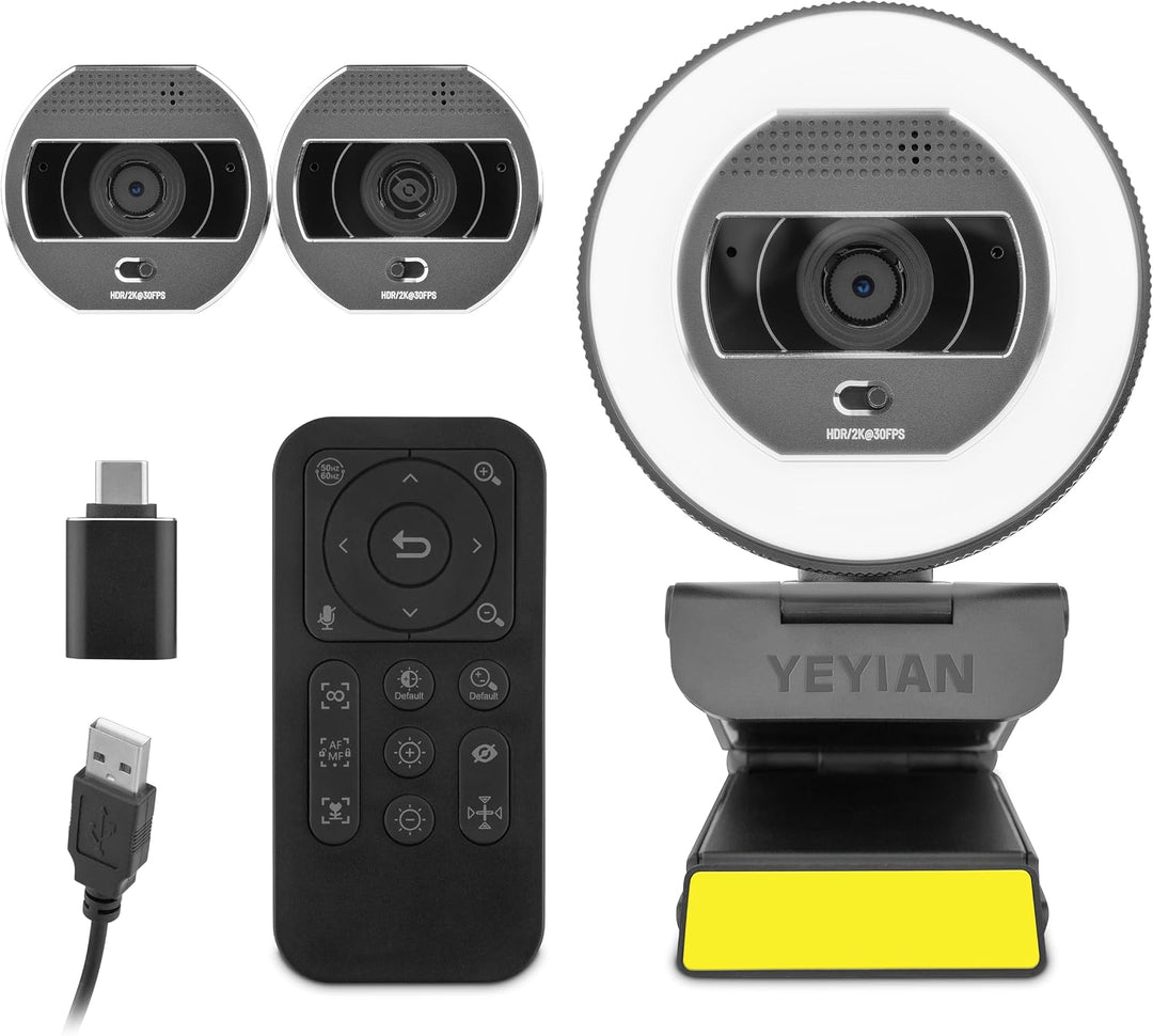Yeyian Webcam-Streaming Autofokus Dual-Mikrofon-Rauschunterdrückung | 2K 2560x1440 30FPS | LED-Ringl