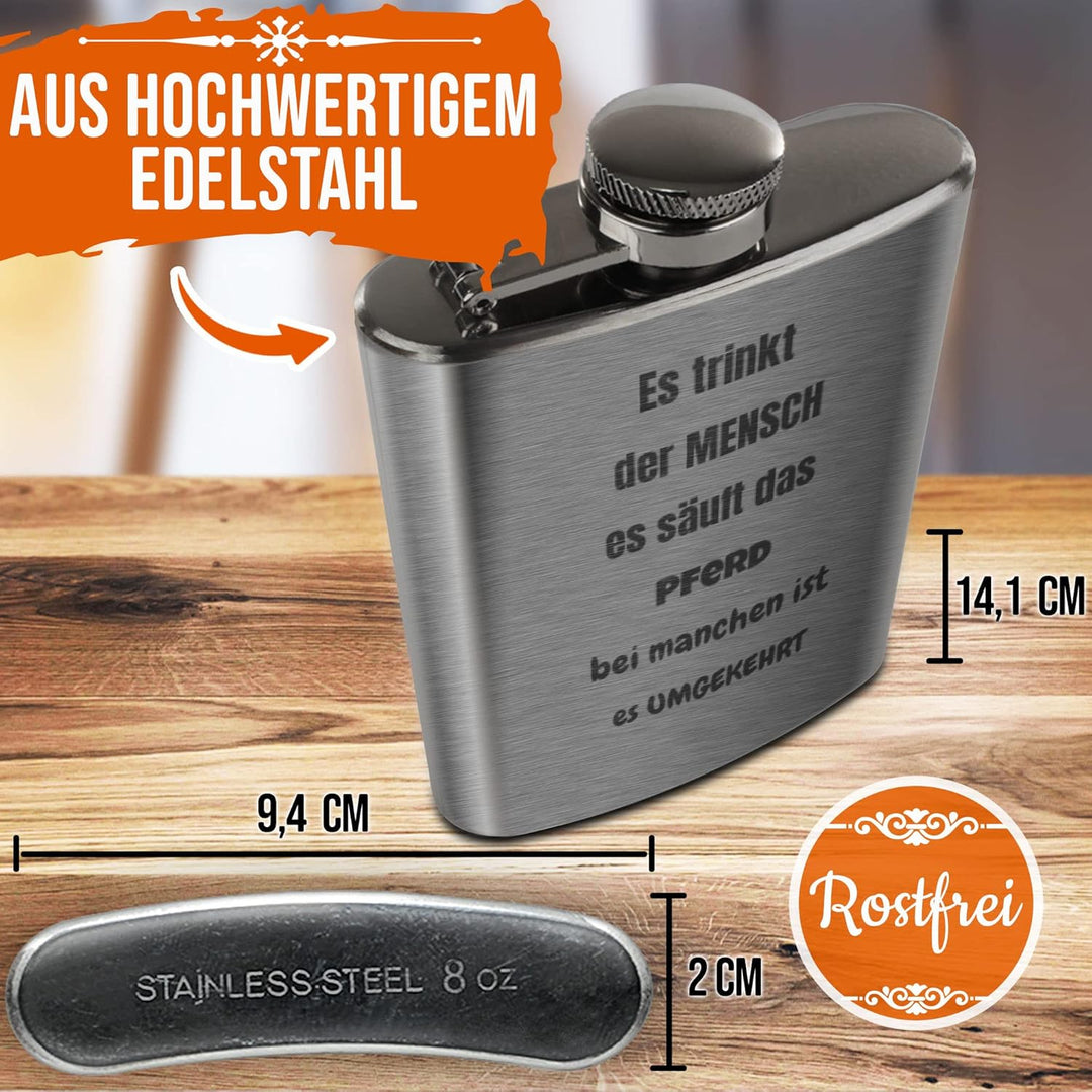 Flachmann mit Gravur aus Edelstahl selbst gestalten - mit Wunschtext gravieren - Geschenkidee für Fr