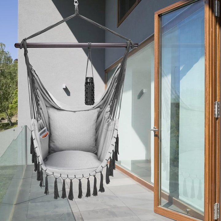 DETEX® Hängesessel bis 150kg Belastbar mit Flaschenhalter Boho Stil Wetterfest Garten 360° Drehbar G